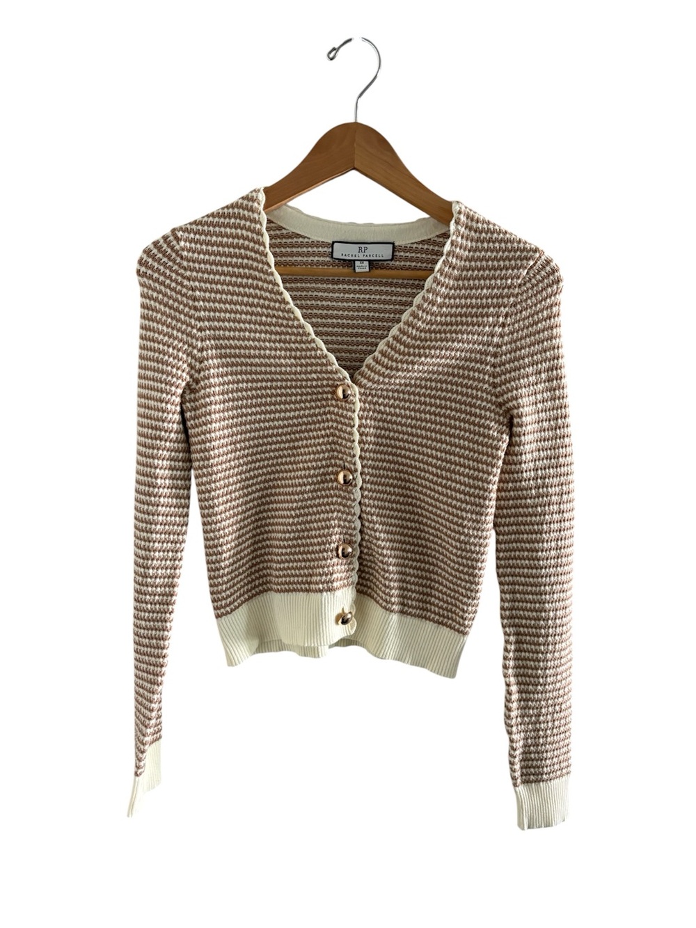 Rachel Parcell Cream and Brown Striped V-Neck Button Cardigan